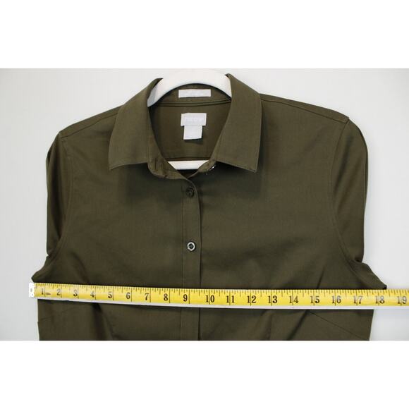 Chico's No Iron Chic Stretch Button Front Top Women 4 Long Sleeve Collared Olive - Picture 7 of 14